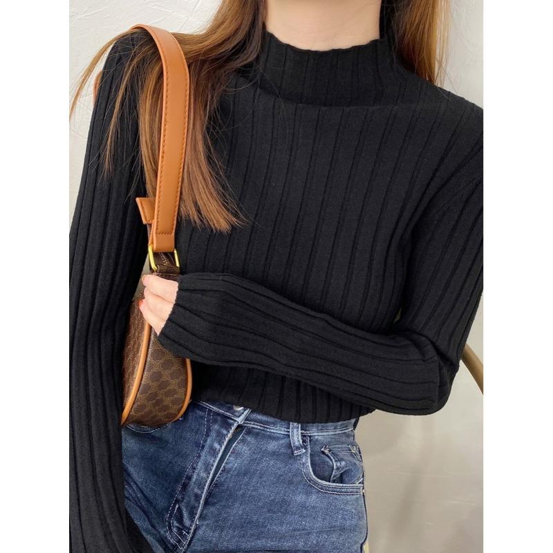 Autumn and Winter Semi-turtleneck Bottoming Sweater Women's Inner Pit Strip Pullover Shirt Solid Color Casual Tops Elegant Thin Simple Clothing
