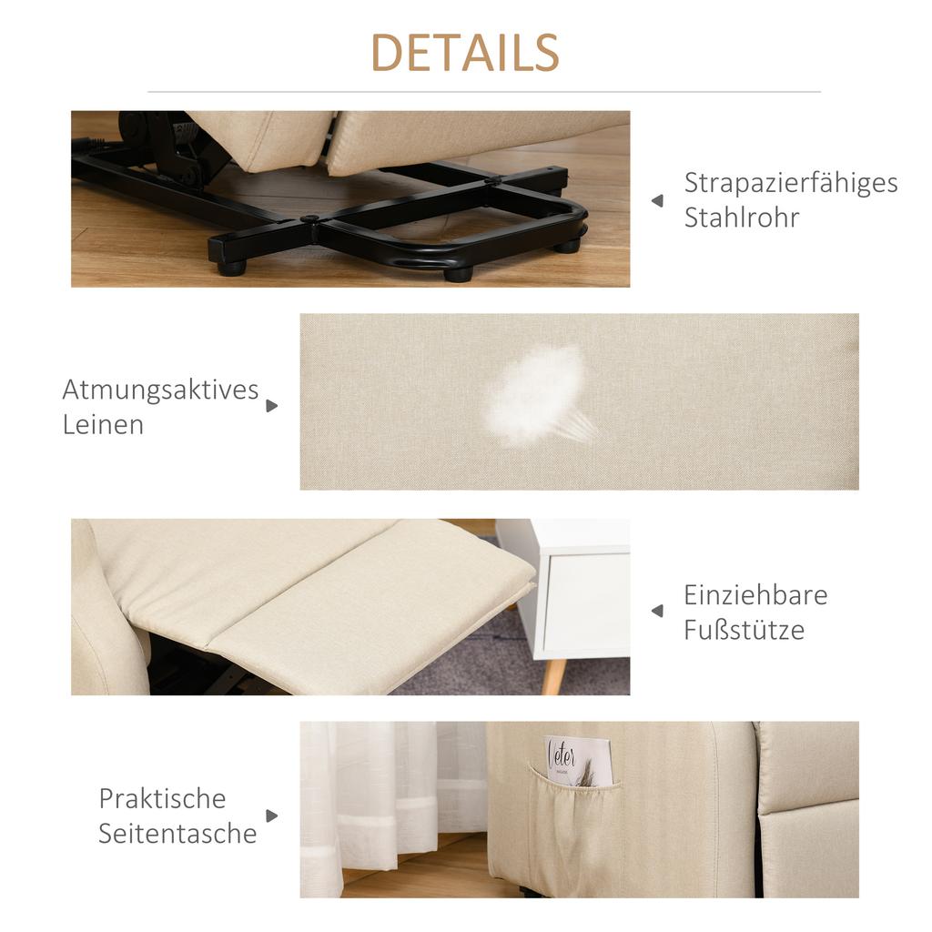 Recliner, Lift Assist, Reclining Function, up to 200kg, 72.5x94x109cm, Cream