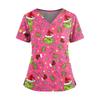 Women's Christmas Print V-Neck Double Pocket Short Sleeve  Uniform Top With Slit Hem