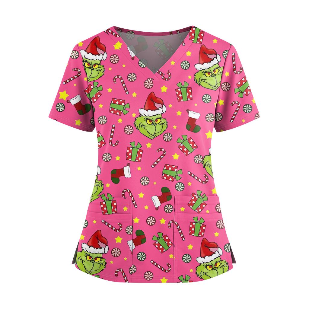 Women's Christmas Print V-Neck Double Pocket Short Sleeve Uniform Top With Slit Hem