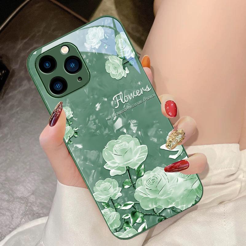 Rose Pink Flower Cluster For IPhone 16 Pro Max 15 Pro 14 13 12 Mini 11 XS Max XR 7 8 Plu SE 2022 Tempered Glass Phone Case
