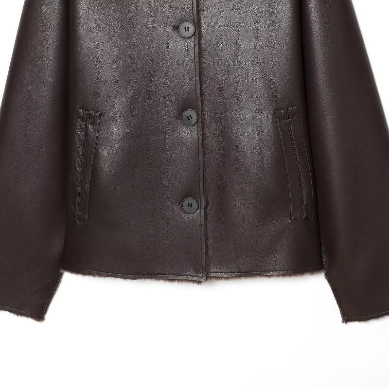 Womens Faux Leather Reversible Jacket Double-sided Thick Winter Coat Regular Fit XS S M L