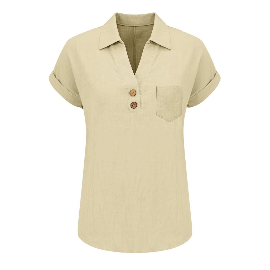 Women's Fashion Casual -Colour Buttoned Pocket Collared Short-Sleeved Shirt T-Shirt Top
