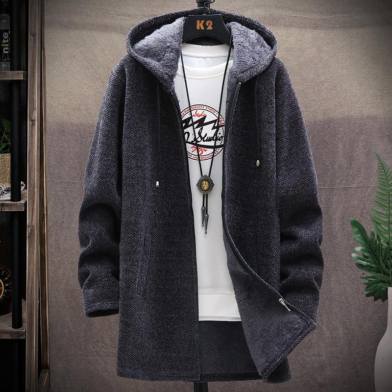 Mens Long Knit Cardigan Autumn Winter Sweater Coat Fleece Heavy Hoodie Solid Chenille Men's Fashion Jacket