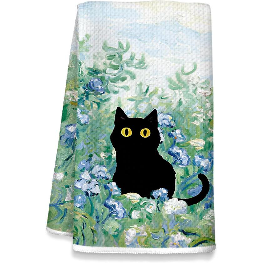 Black Cat Kitchen Dish Towels, Cat Lovers Mom Dad Lady Gifts Decorative Hand Towels for Bathroom Kitchen, Pet Lover Gifts, 16x24 Inch