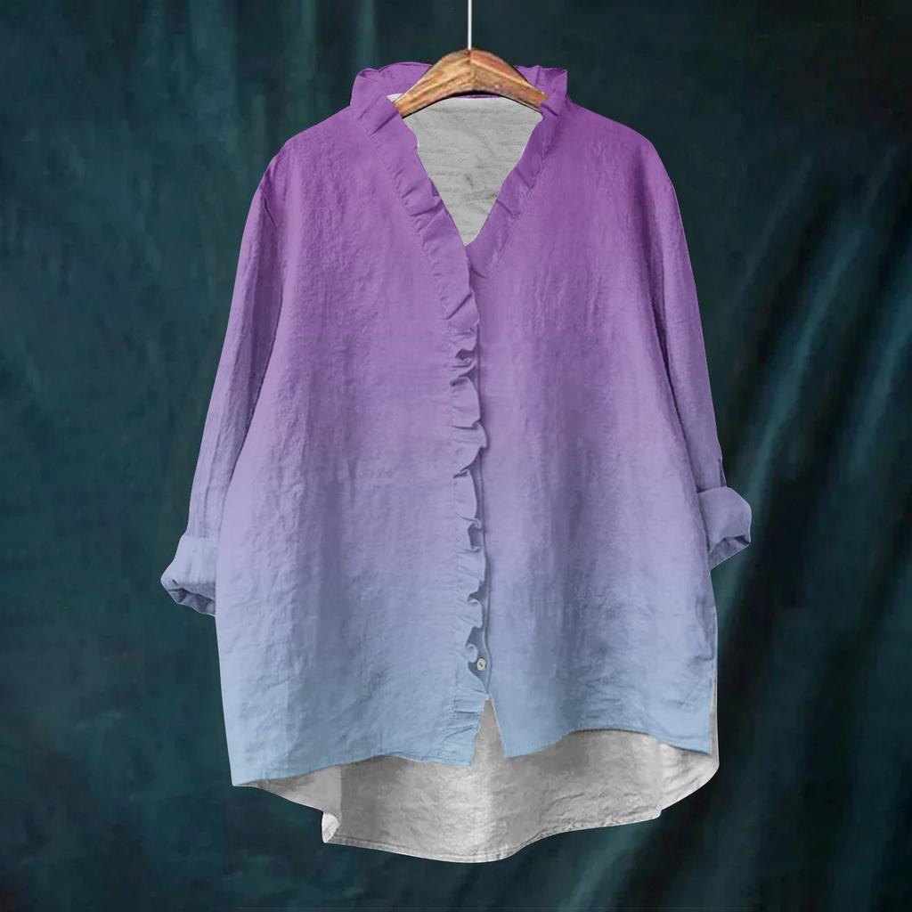 Dame Løs Volangert Blomstert Trykk Ståkrage Langermet Bomull og Lin Topp