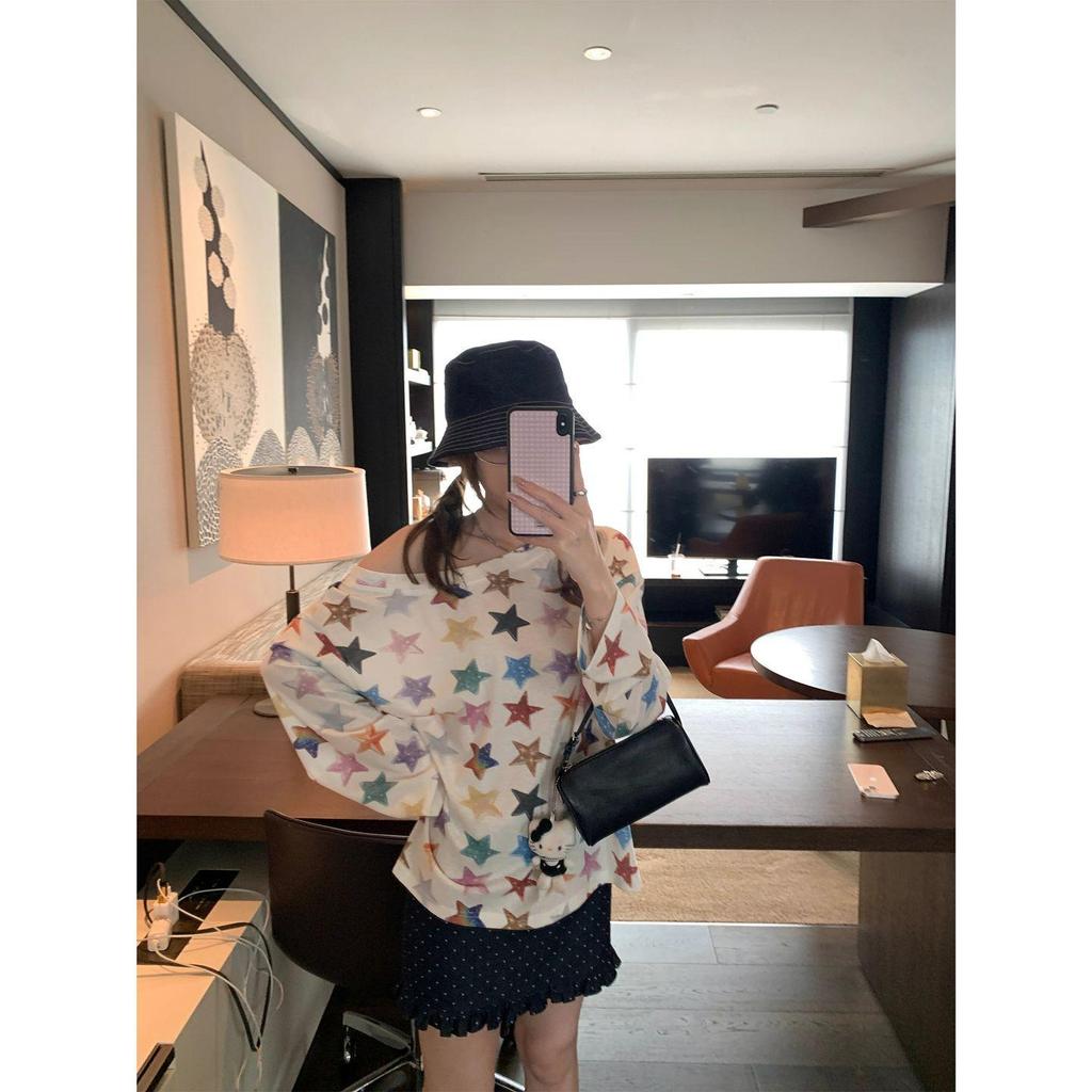 Chic Women's One-Shoulder Star Print Long Sleeve Tee for Fall 2025 - Lightweight Sun Protection Cover-Up