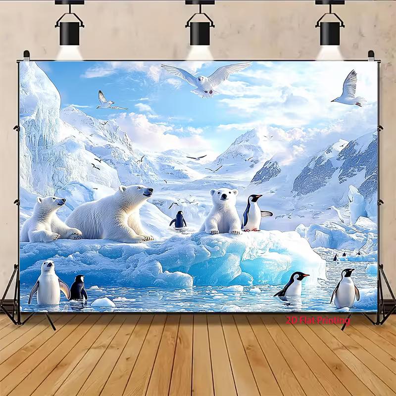 Sfondo Artico Invernale 2D, Scena del Polo Nord con Orso Polare, Pinguino & Gabbiani Sfondo