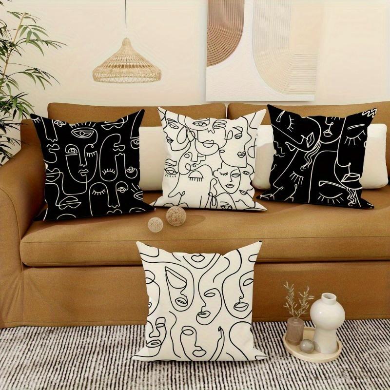 4Pcs Abstract Face Line Art Pillowcase Modern Black And White, Zipper Polyester Fiber Sofa And Bedroom Decorative Pillowcase, Ma