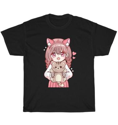 Anime-Mädchen mit Katze Kawaii Katze Kätzchen Haustierliebhaber Otaku T-Shirt Unisex Lustiges Geschenk