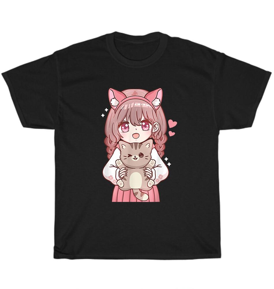 Аниме Девочка с Кошкой Каваи Кот Котёнок Любитель Животных Отаку Футболка Унисекс Смешной Подарок M