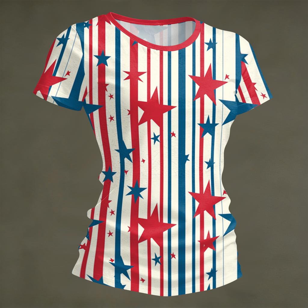 Women's Fashion Round Neck Independence Day Print Short Sleeve Loose Crewneck T-Shirt Top