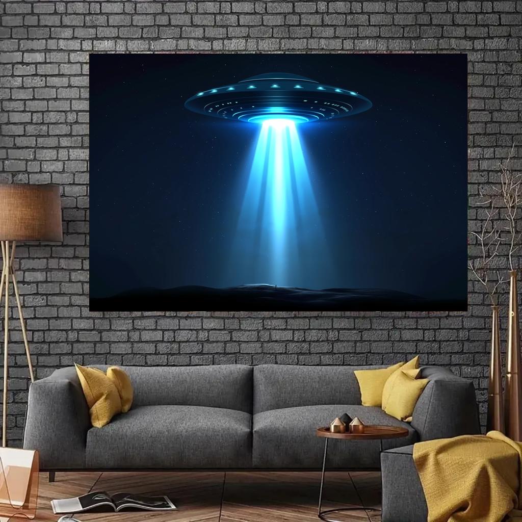 AI UFO background flying saucer photography background science fiction alien spaceship invasion planet boy art figure