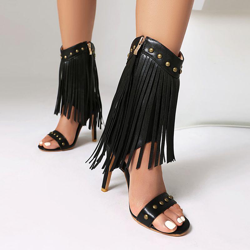 Design Female Sandals Open Toe Stiletto 10.5cm Rivets Metal Decor Plus Size 45 46 47 48 Tassels Dating Fashion Shoes