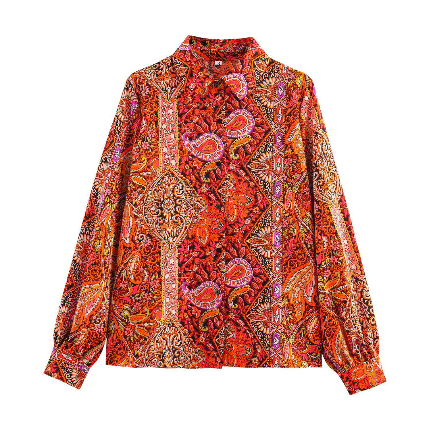 

2025 Весна Женская Европейско-Американский Стиль Свободная Рубашка с Принтом Воротник-стойка Длинный Рукав Large