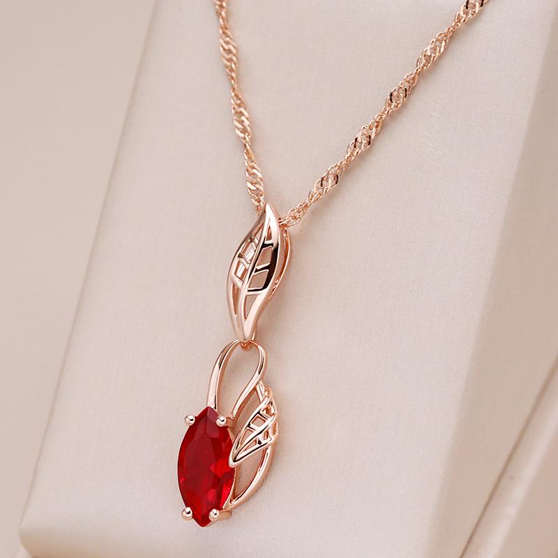 Luxury Red Natural Zircon Pendant Necklace For Women  Rose Gold Color Vintage Flower Wedding Party Fine Daily Jewelry