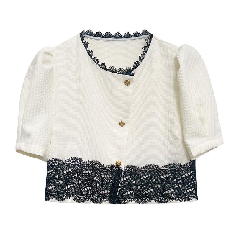 

Летний дизайн Sense ретро кружевной край сращивание короткий участок модный темперамент трикотажные топы повседневный базовый комфорт и стиль облегающие пуловеры футболки One Size белый