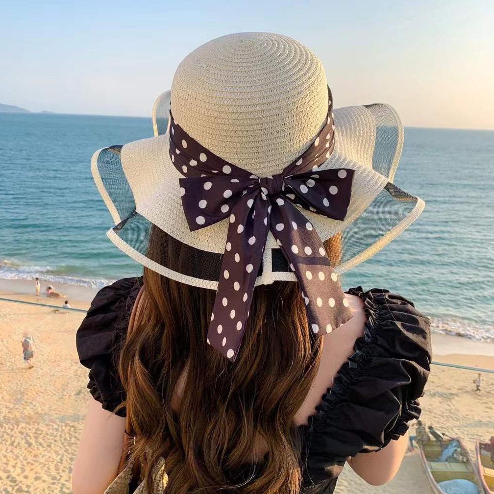 Summer Big Eaves Sunshade Straw Hat Korean Version Face Covering Seaside Vacation Sun Hat Foldable Temperament Spring and Summer Sunscreen Hat Women