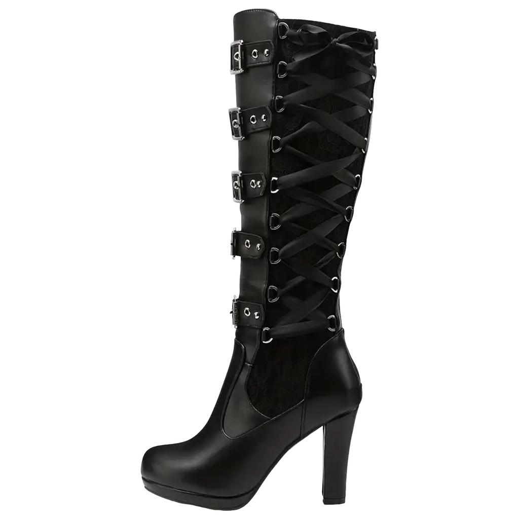 Long Thigh High Boots For Women Women'S Winter Vintage Knee High Boots Chunky High Heel Lace Up Boots Halloween Zapatos De Mujer