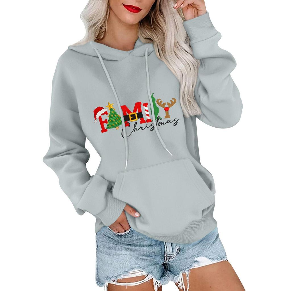 Women's Casual Comfortable Neck Hooded Long Sleeve Christmas Print Warm Sweatshirt