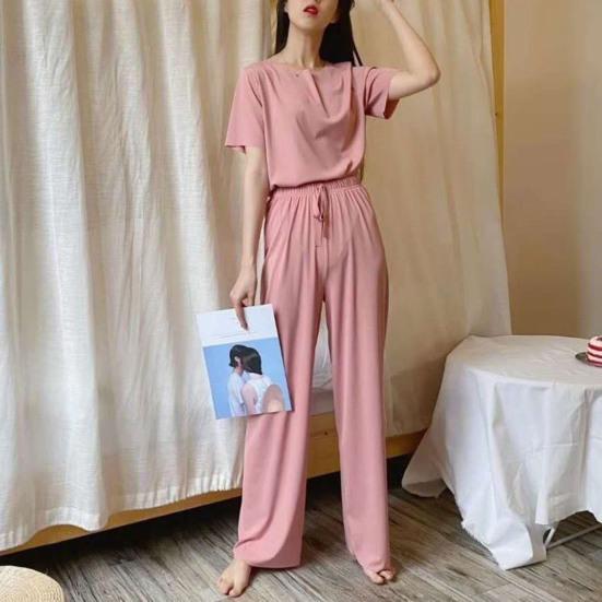 Casual Ice Silk Pajama Set with Round Neck T-shirt and Wide Leg Trousers
