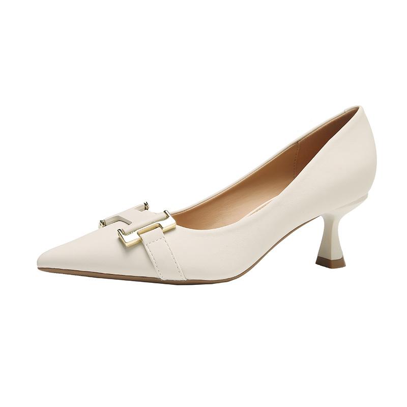 

Весенне-осенние женские элегантные туфли на высоком каблуке-шпильке с острым носком и металлической пряжкой, элегантные банкетные туфли, размер 34-39 37 бежевый