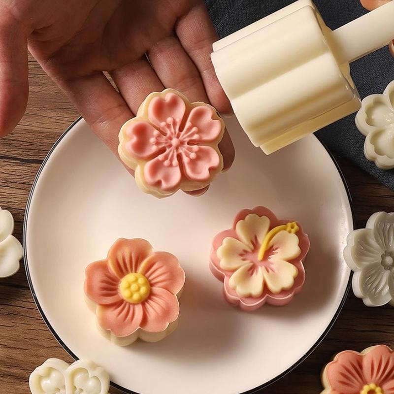 4Pcs Blossom Flower Mooncake Mold – Hand-Press Sakura/Cherry Stamps, Pastry Baking Tools