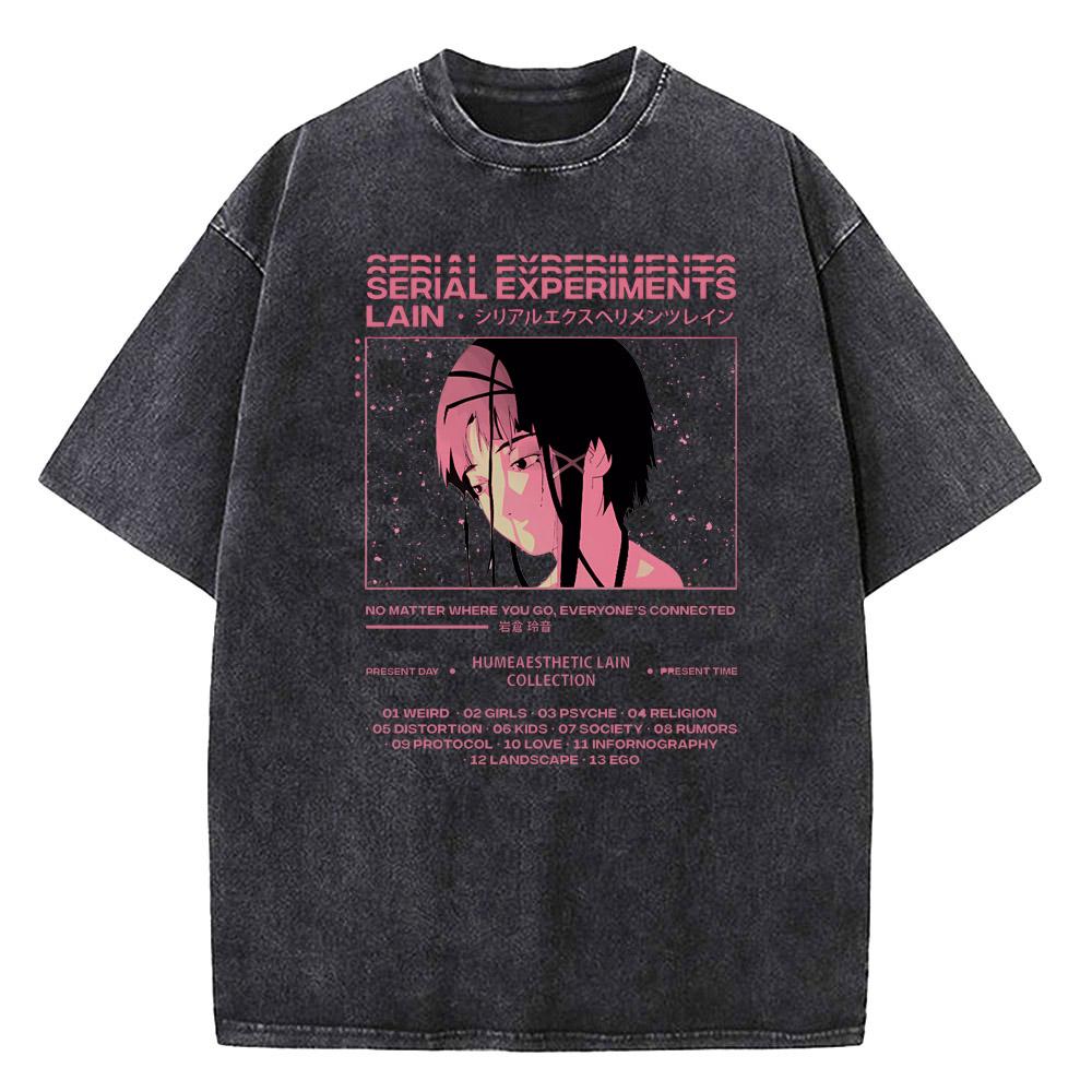 Japanese Anime Serial Experiments Lain Vintage Washed T Shirt Men High Quality Cotton Manga Short Sleeve Fashion T Shirt Women