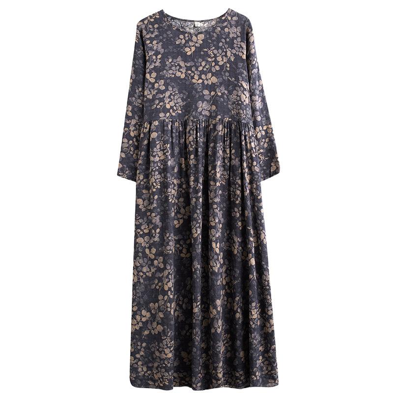 Autumn Literary Plus Size Loose Print Round Neck Long Sleeved Dress for Women Dresses