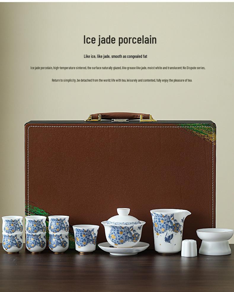 Ice Jade Mutton Fat Jade White Porcelain Tea Set with Enamel Painted Hydrangea and Sancai Gaiwan