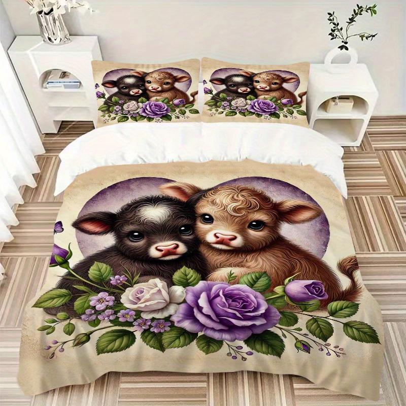 3pcs Calf Roses Bedding Set Down Comforter Cover and Pillowcases, Suitable for All Seasons(No Insert)-0729030 135x200cm