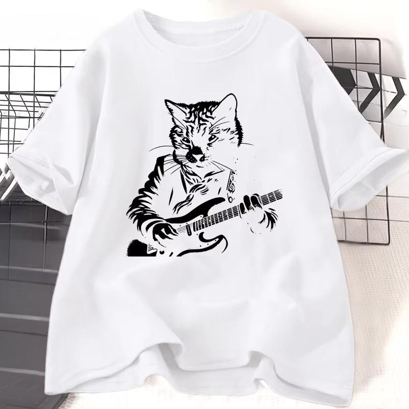 Funny Guitar Player T Shirt Music Lover Cat Owner Rock Lover T-Shirt Vintage Cat Mom Printed Tshirt Men Women Streetwear Tees