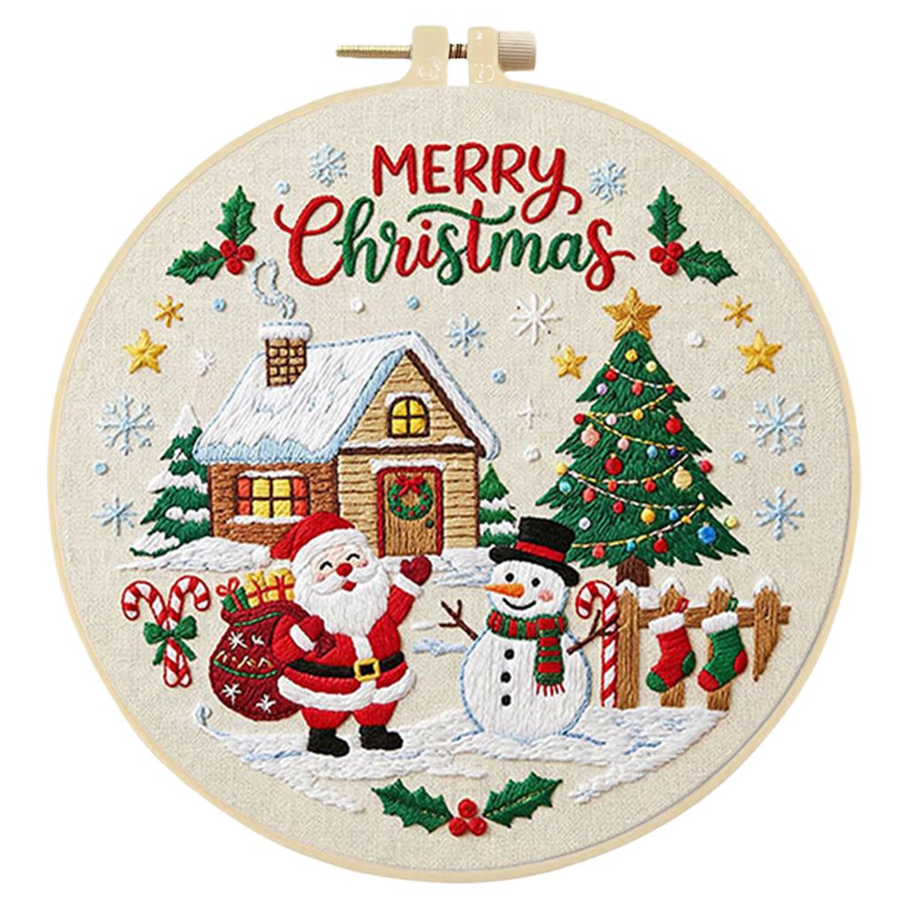 Christmas Embroidery Craft Set DIY 30x30cm Cotton Printed Fabric with 20cm Hoop Thread Needle Beginner Kit