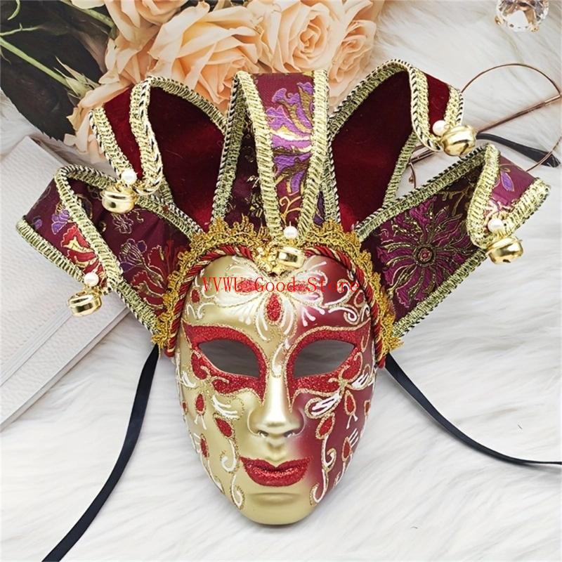 Masked Ball Full Face Mask With Bells Vintage Mask for Men Women Halloween Cosplay Masked Ball Proms Parties