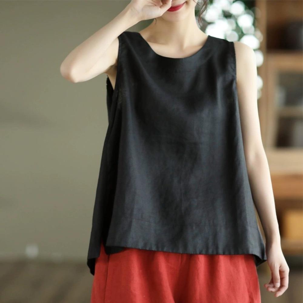 Women Solid Linen Sleeveless Tank Top Round Neck Loose Side Split Casual Vintage Literary Summer Camisole Blouse
