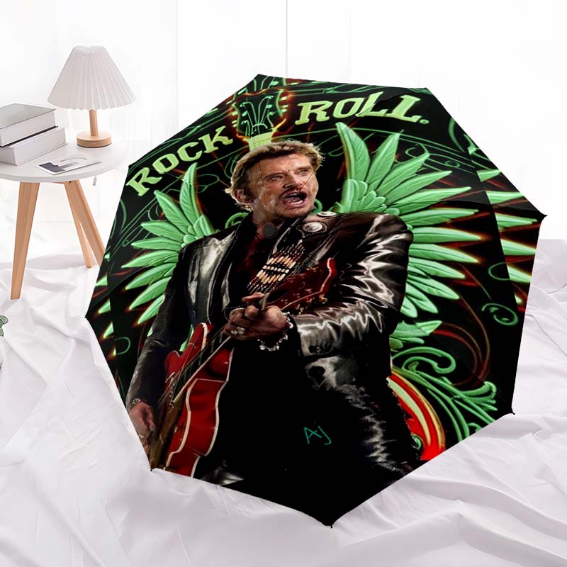 1pc Johnny Hallyday pattern Umbrella Portable Folding Umbrella Iron Frame Hole Bone Structure Outdoor Home Umbrella