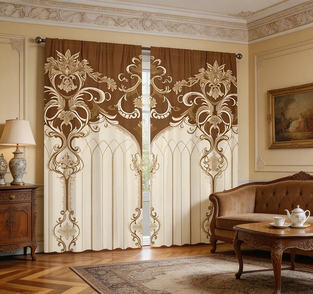 2PCS Digital Printed Curtains, Beige Brown Palace Damask Luxury Classic, Rod Pocket Window Drapes for Living Room Bedroom Decor