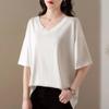 Fat Ladies Plus Size Short Sleeve Ice Silk T-Shirt Summer Loose V-Neck Top Elegant Comfortable Pullover