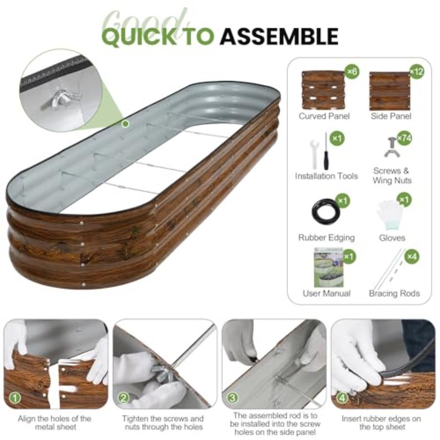 Oval Metal Outdoor Raised Garden Bed 8x2x1ft with Protective Tape Gloves Tools for Vegetables Fruits Flowers Herbs Grain Garden