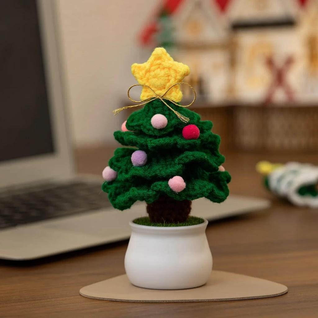 Mini Crochet Christmas Tree Potted Christmas Accessories Creative Handmade Plant Car Table Decor