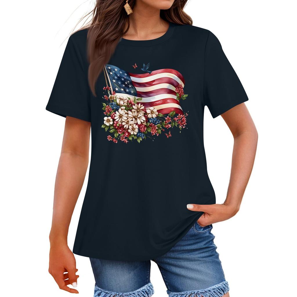 Women's Fashion Independence Day  Printed Round Neck Short Sleeved Casual T-shirt Top