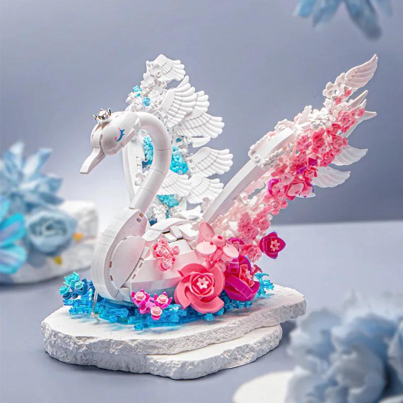 

Colorful Animal Flowering Swan Building Blocks Love Bird Model Pets Brick Figure Assembly Toy for Home Decor with Light No Box