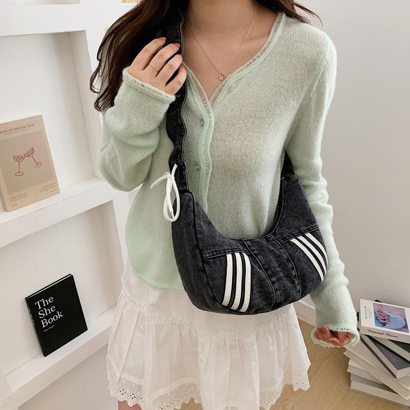 Fashion Denim Hobo Bag Ruched Strap Striped Design Zipper Closure Casual Shoulder Purse for Women