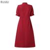 ZANZEA Women Casual Stand Collar Short Sleeve Solid Color Elegant Dress