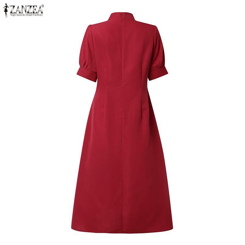 ZANZEA Women Casual Stand Collar Short Sleeve Solid Color Elegant Dress