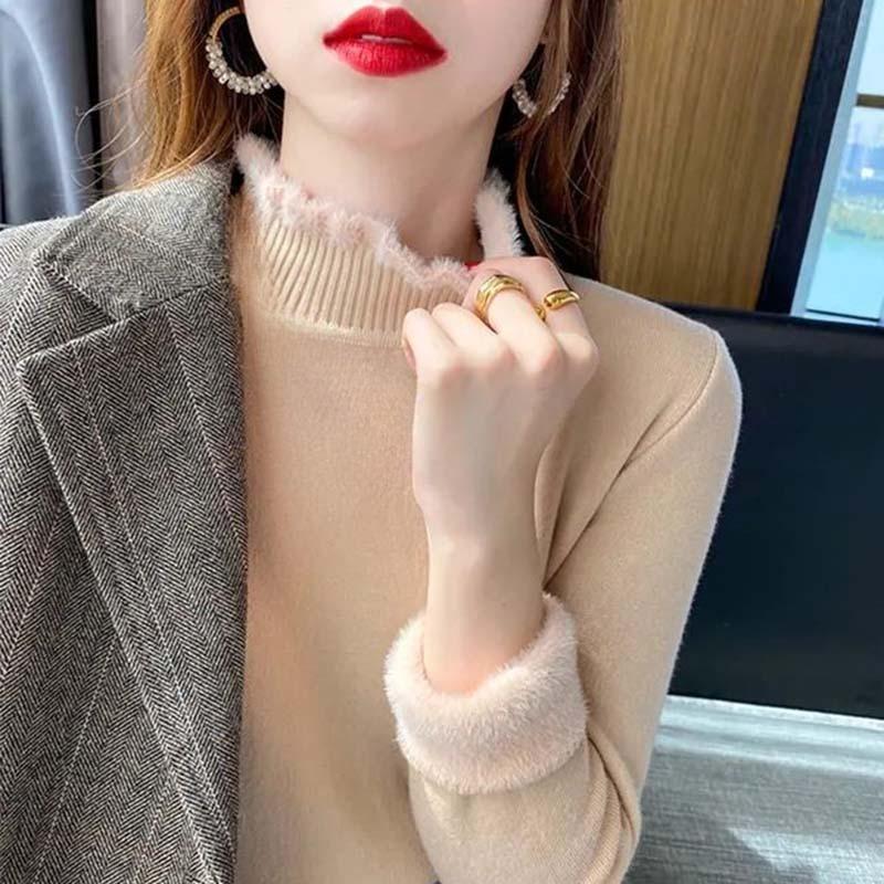 Women Winter Warm Slim Thicken Plush Sweater Velvet Lined Half Turtleneck Knit Pullover Jumper Soft Knitwear