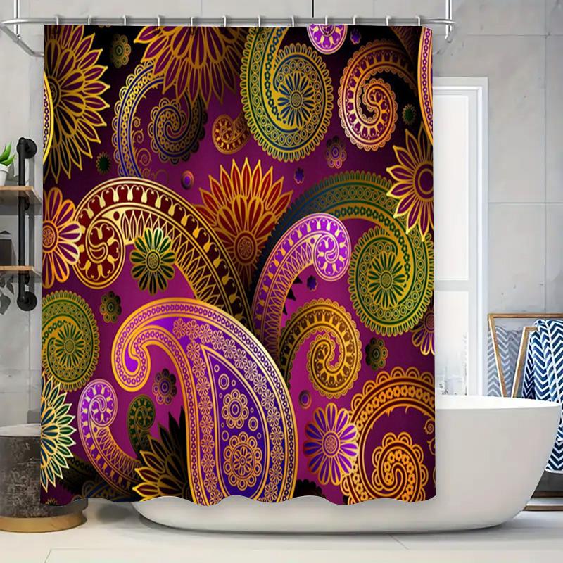 

Luxury Flower Printed Shower Curtains Bath Decor Purple Gold Yellow Green Mandala Design Bathroom Liners With Hooks For Home Dec W60H190(CM)-1 Pcs