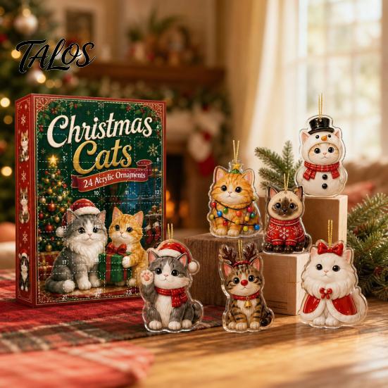 Animal Theme Party Favors Christmas Cat Dog Advent Calendar, 24Pcs Acrylic 2D Ornament Set Tree Ornaments with Cute Kitten/Dog/Lion Designs,