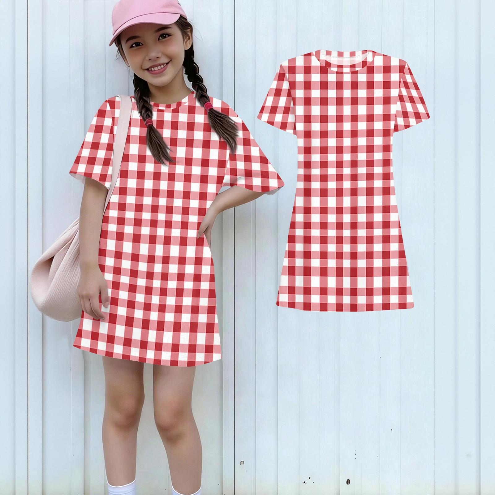 

Girls Print Casual Dress Kids Loose Round Neck Short Sleeve Thin Sundress 150 красный
