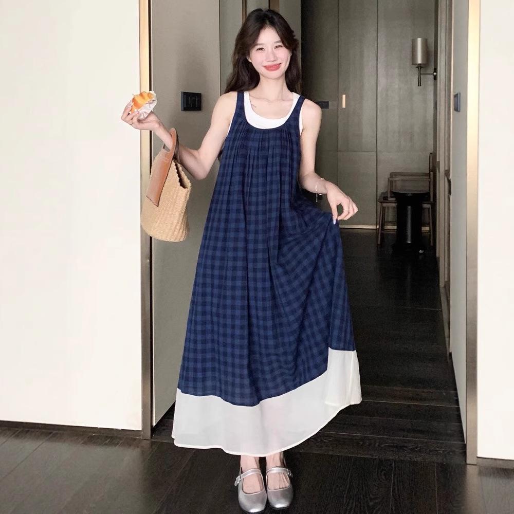 

Французское платье макси в синюю клетку в стиле мори-гёрл на бретелях-спагетти M Premium синий